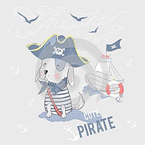 Cute pirate dog and ship with slogan.