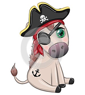 Cute pirate donkey in a cocked hat, with an eye patch. Child character, games for boy