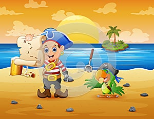 Cute a pirate and parrot search for treasure with maps