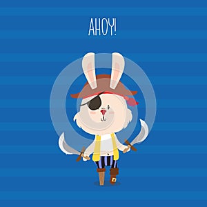 Cute pirate rabbit with eye-patch and swords greeting card. Ahoy