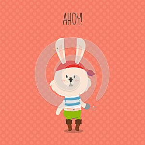 Cute pirate rabbit with hook greeting card. Ahoy. Vector design