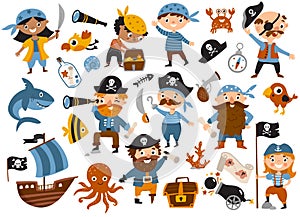 Cute pirate set with ship, shark, crab, octopus, treasure
