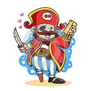 Cute Pirate Vector Icon Illustration. Pirate Icon Concept bring Treasure Map Isolated on White Background