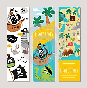 Cute pirate vertical cards set with ship, captain, chest, map, palm trees, octopus, seagull. Vector treasure island vertical print