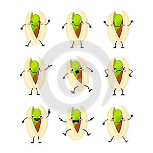 Cute pistachio nuts characters set with different emitions vector illustration.