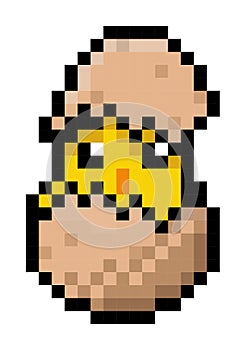 Cute pixel chick hatched from an egg - 8 bit isolated vector