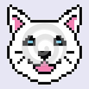 Cute pixel white cat head. Animal 8 bit icon. Kitten with blue eyes.