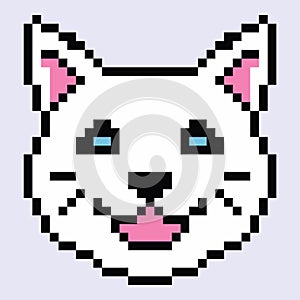 Cute pixel white cat head. Animal 8 bit icon. Kitten with blue eyes. photo