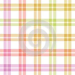 Cute Plaid tartan checkered seamless pattern in pastel colors pink, orange, green, and yellow.