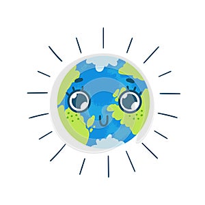 A cute planet earth with big round eyes and freckles. Shining health colorful earth globe character. Hand-drawn vector