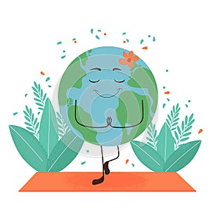 Cute planet Earth is doing yoga. Environmental protection concept for peace and happiness of the planet