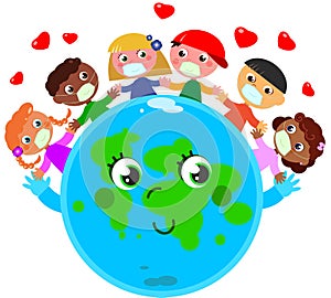 Cute planet earth and kids with masks