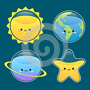 Cute planet, earth, sun and star smile vector