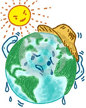 Cute planet earth wearing sun hat with sun, tired, hot, sweaty. Global Warming and Climate Change concept, cartoon character