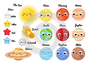Cute planets. Cartoon sun, moon, earth and space solar system elements set. Vector illustration for kids and children