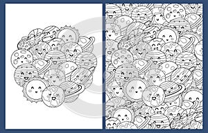 Cute planets coloring pages set in US Letter format. Black and white doodle space background