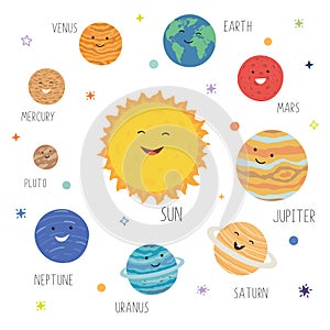 Cute planets with funny smiling faces. Solar system with cute cartoon planets. Funny universe for kids , sun, pluto