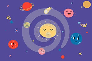 Cute planets set. Celestial objects with funny smiling faces, sun stars and comets, childish outer space background