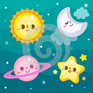 Cute planets star and moon cartoon set