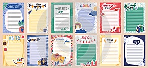 Cute planner list, paper sticker. For diary or notebook, stationery or notepad, blank note page for school week. Bright