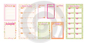 Cute planner templates. To do list with flower ornament, check list and note paper. Daily, weekly, monthly and yearly photo