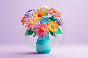 cute plasticine voluminous 3D bouquet of pastel colors in blue vase on a delicate lilac background
