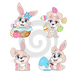 Cute playful Easter bunnies kawaii cartoon vector characters set