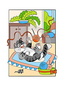 Cute playing kitten in cozy home vector cartoon illustration