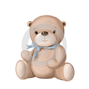 Cute plush bear toy for newborn, hand drawn illustration, watercolor clipart
