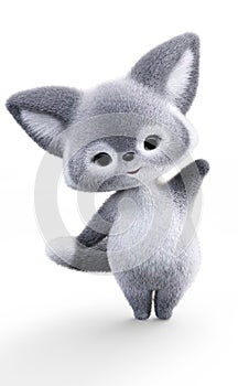 Cute plushy grey furry fox stuffed animal waving on a isolated white background.