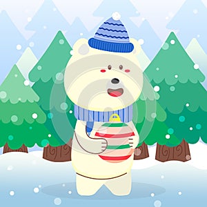 Cute Polar Bear Christmas Character hold christmas ball on scene winter landscape
