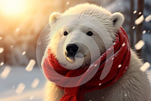 Cute polar bear cub accessorized with a festive red scarf