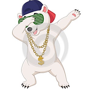 Cute polar bear dabbing dance wearing sunglasses, hat, and gold necklace