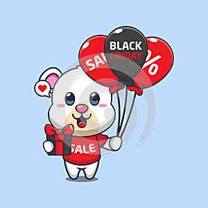 cute polar bear with gifts and balloons in black friday sale cartoon vector illustration.