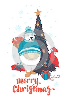 Cute polar bear holding gift in front of Christmas tree