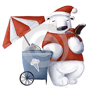 cute polar bear with ice cream cart, watercolor style illustration, funny clipart with cartoon character