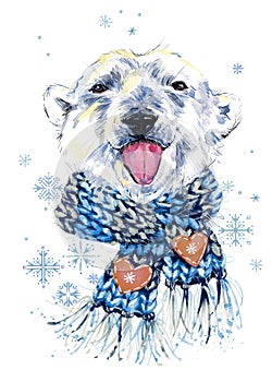 Cute polar bear in a knitted hat with snowflake watercolor background.