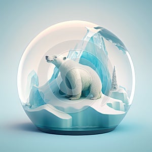 Cute polar bear on melting iceberg in a snow globe - Global warming