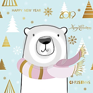 Cute Polar Bear with Merry Christmas inscription. New year card template