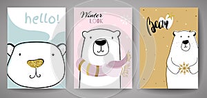 Cute Polar Bear with Merry Christmas inscription. New year card template