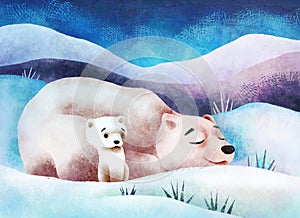 Cute polar bear mom and child on snow, winter time in the Arctic.