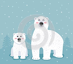 Cute polar bear mother with her baby bear cub on the background of snow and Christmas trees