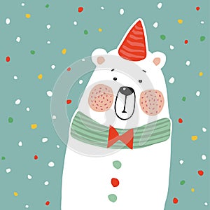 Cute polar bear with party hat and paper. confetti, kids poster or birthday greeting card, illustration