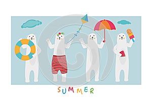 Cute polar bear. Polar bear of beach character and tropical vector. Summer greeting card. Happy Summer holidays