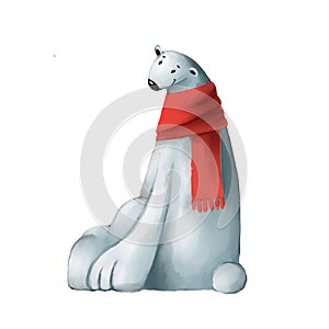 cute polar bear portrait in red scarf, watercolor style holiday illustration with cartoon character