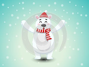 Cute Polar Bear with Red Scarf and Red hat. Merry Christmas and happy new year. decorative element on holiday. Vector