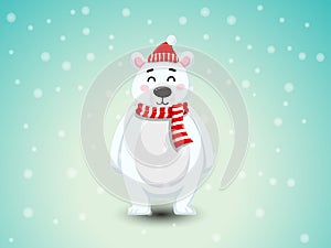 Cute Polar Bear with Red Scarf and Red hat. Merry Christmas and happy new year. decorative element on holiday. Vector