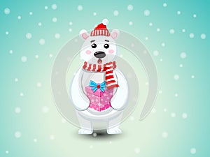 Cute Polar Bear with Red Scarf and Red hat. Merry Christmas and happy new year. decorative element on holiday. Vector