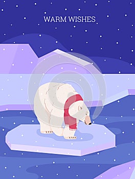 Cute polar bear walking on ice floe in red scarf, Christmas greeting card - cartoon flat vector illustration.