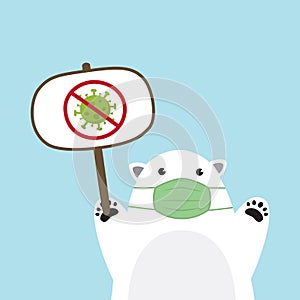 Cute Polar Bear wearing medical mask on sky blue background. Coronavirus COVID-19 Vector Illustration.  Kawaii Teddy Bear